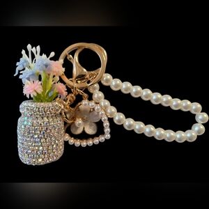 Elegant Beaded Flower Vase Keychain | Pearl Handle Bag Charm